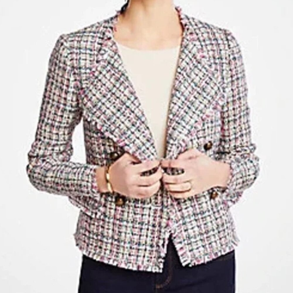 Ann Taylor Pastel Tweed Cascade Fringe Double Breasted Crop Jacket Blazer Size 2